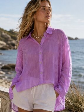 Charming Pink High Low Striped Button-Down Shirt 100% Linen LJC Designs poplin